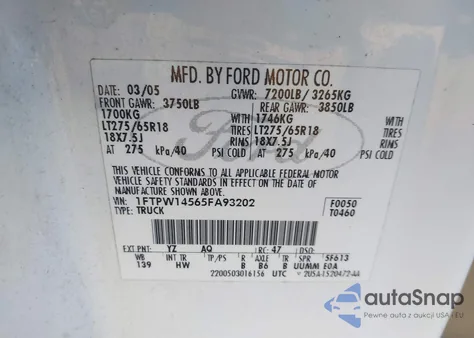 2005 Ford F-150 Fx4/Lariat/Xlt из США, поврежденный, VIN 1FTPW14565FA93202